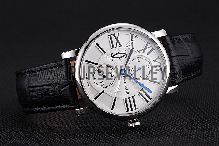 Cartier Ronde Second Time Zone White Dial Stainless Steel Case Black Leather Strap 622798