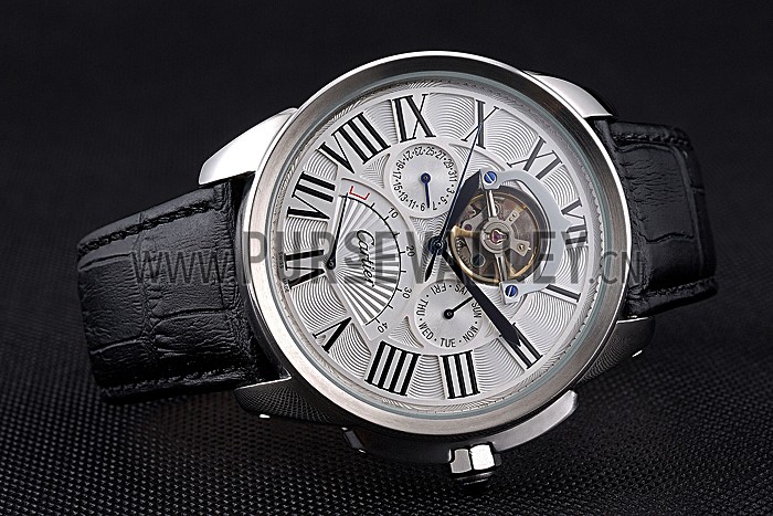 Cartier Calibre Tourbillon White Dial Stainless Steel Case Black Leather Strap 622751
