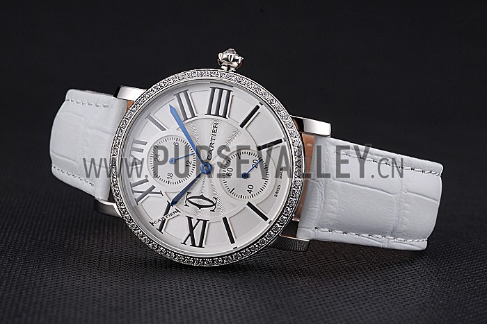 Cartier Ronde Second Time Zone White Dial Stainless Steel Case With Diamonds White Leather Strap 622803