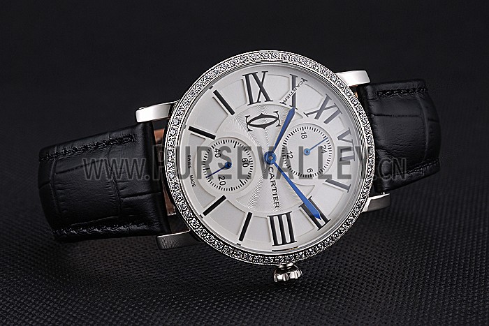 Cartier Ronde Second Time Zone White Dial Stainless Steel Case With Diamonds Black Leather Strap 622804