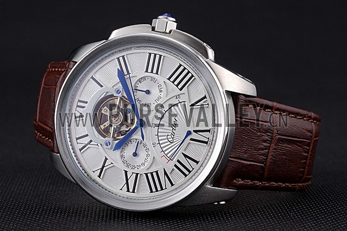 Cartier Calibre Tourbillon White Dial Stainless Steel Case Brown Leather Strap 622750