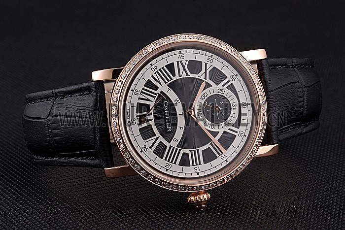 Cartier Rotonde Black And White Dial Gold Case With Jewels Black Leather Strap 622758