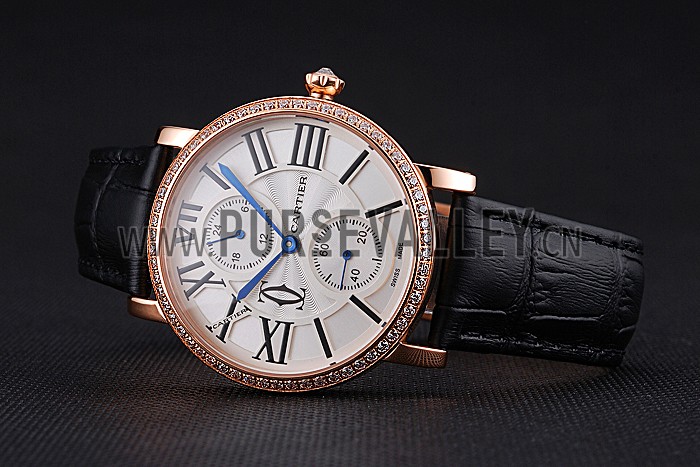Cartier Ronde Second Time Zone White Dial Gold Case With Diamonds Black Leather Strap 622809
