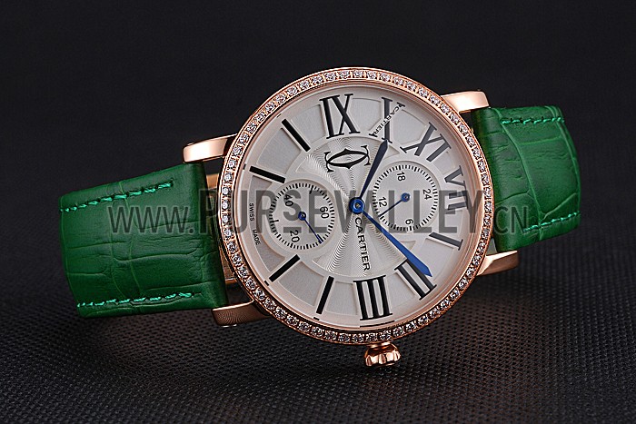 Cartier Ronde Second Time Zone White Dial Gold Case With Diamonds Green Leather Strap 622812
