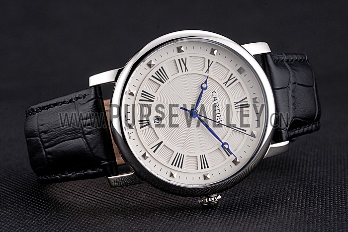 Cartier Rotonde Date White Dial Stainless Steel Case Black Leather Strap