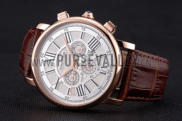 Cartier Rotonde Chronograph White Dial Rose Gold Case Brown Leather Strap