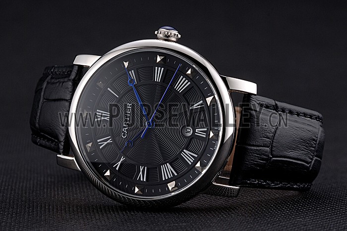 Cartier Rotonde Date Black Dial Stainless Steel Case Black Leather Strap