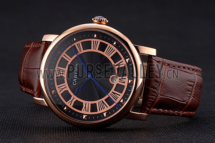 Cartier Rotonde Date Black Dial Rose Gold Case Brown Leather Strap