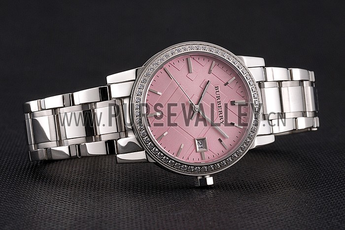 Burberry The City Pink Dial Diamond Bezel Stainless Steel Case And Bracelet
