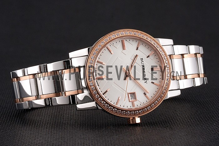 Burberry The City White Dial Rose Gold Diamond Bezel Stainless Steel Case Two Tone Bracelet