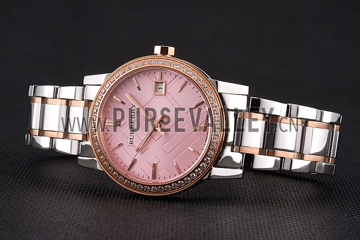 Burberry The City Pink Dial Rose Gold Diamond Bezel Stainless Steel Case Two Tone Bracelet