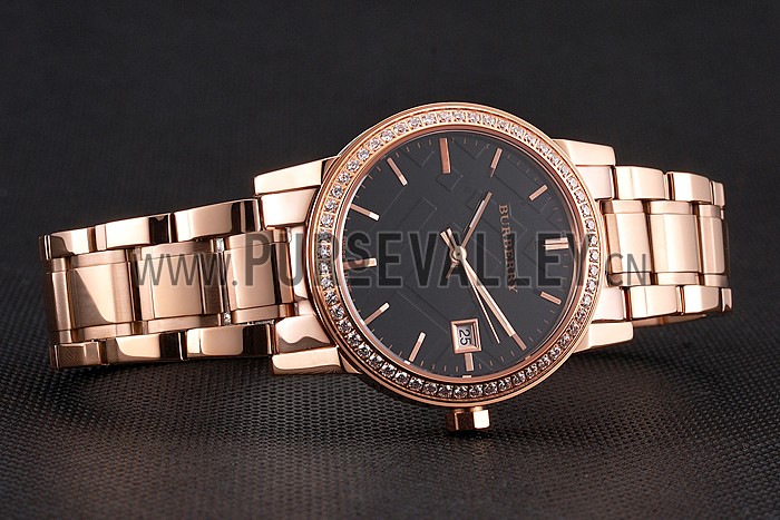 Burberry The City Black Dial Diamond Bezel Rose Gold Case And Bracelet
