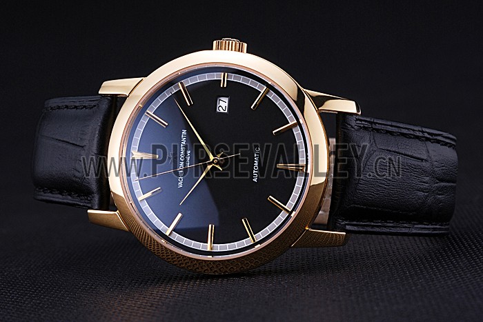 Swiss Vacheron Constantin Patrimony Traditionnelle Gold Case Black Leather Bracelet 622558