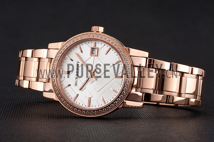 Burberry The City White Dial Diamond Bezel Rose Gold Case And Bracelet