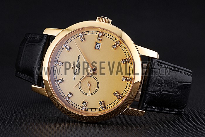 Swiss Vacheron Constantin Patrimony Contemporaine Gold Case Gold Diamond Dial Black Leather Bracelet 622682