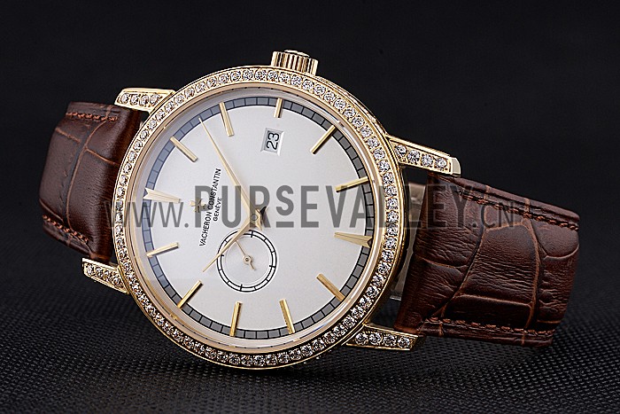 Swiss Vacheron Constantin Patrimony Contemporaine Gold Diamond Case White Dial Brown Leather Bracelet 622686