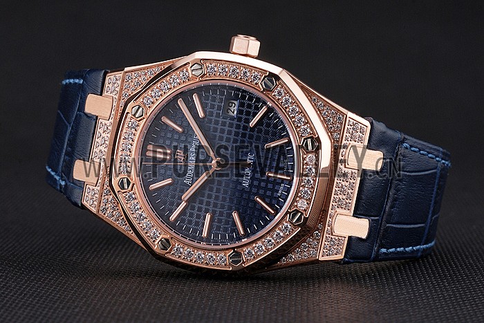 Swiss Audemars Piguet Royal Oak Blue Dial Gold Case With Diamonds Blue Leather Strap