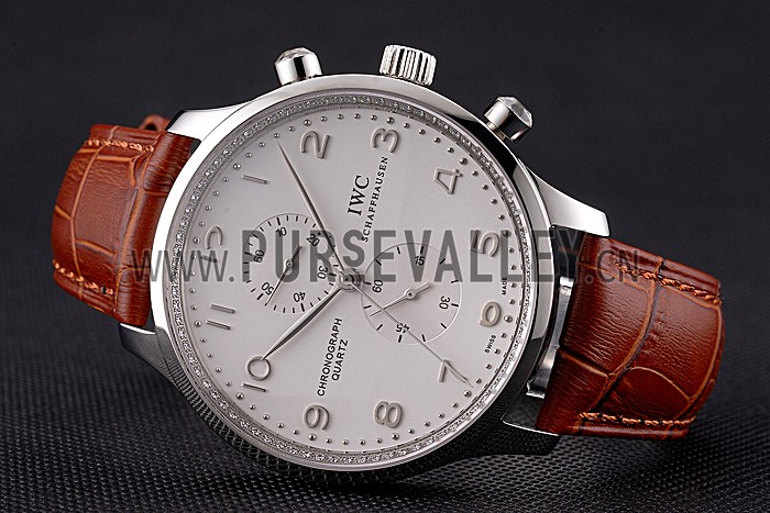 IWC Portugieser Chronograph White Dial Steel Hands And Numerals Stainless Steel Case Brown Leather Strap