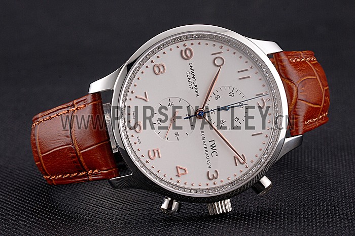 IWC Portugieser Chronograph White Dial Rose Gold Hands And Numerals Stainless Steel Case Brown Leather Strap