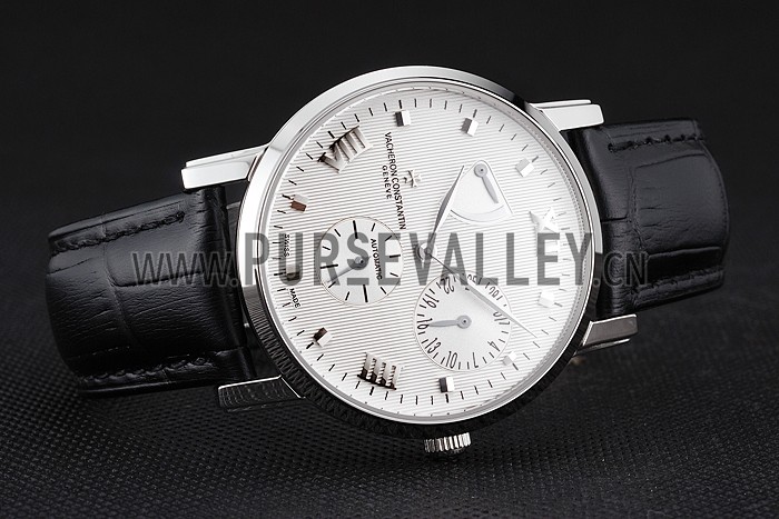 Swiss Vacheron Constantin Patrimony Quantieme Reserve De Marche White Dial Stainless Steel Case Black Leather Strap