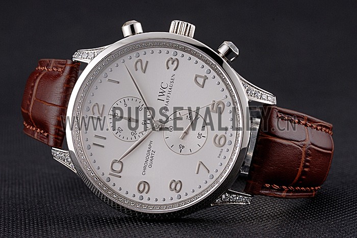 IWC Portugieser Chronograph White Dial Steel Hands And Numerals Steel Case With Diamonds Brown Leather Strap