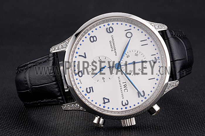 IWC Portugieser Chronograph White Dial Blue Hands And Numerals Steel Case With Diamonds Black Leather Strap