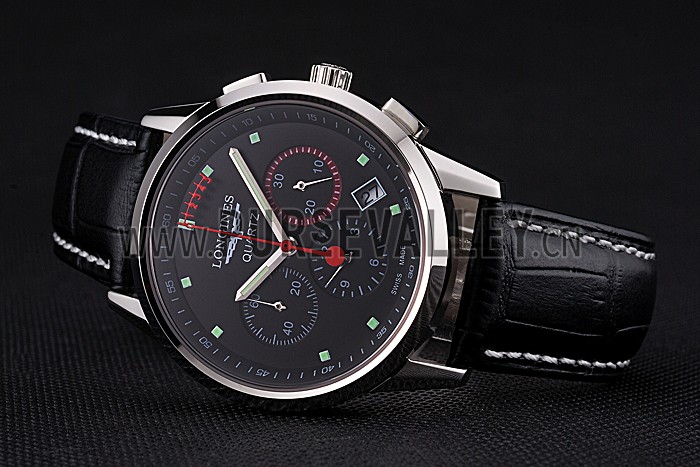 Longines Column Wheel Black Dial Silver Stainless Steel Case Black Leather Strap