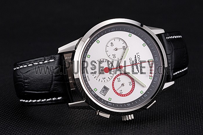 Longines Column Wheel White Dial Silver Stainless Steel Case Black Leather Strap