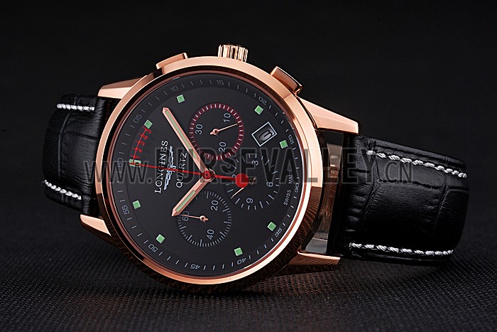 Longines Column Wheel Black Dial Gold Case Black Leather Strap