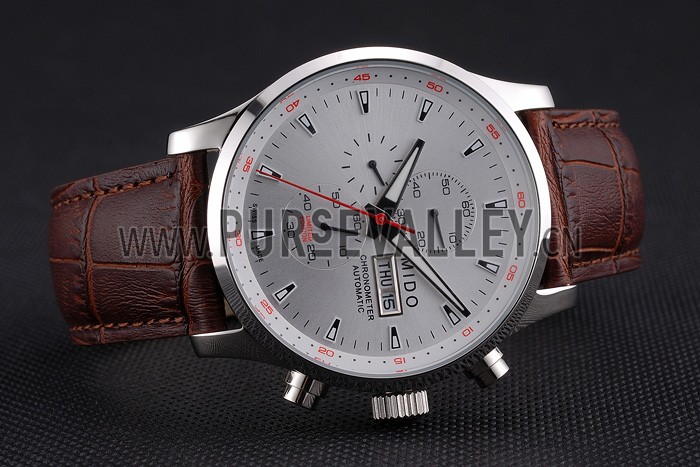 Mido Multifort Chronograph Gray Dial Stainless Steel Case Brown Leather Strap