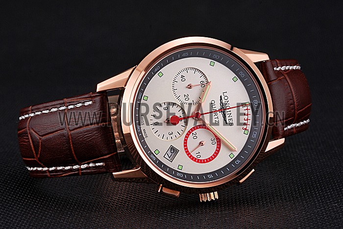 Longines Column Wheel White Dial Gold Case Brown Leather Strap