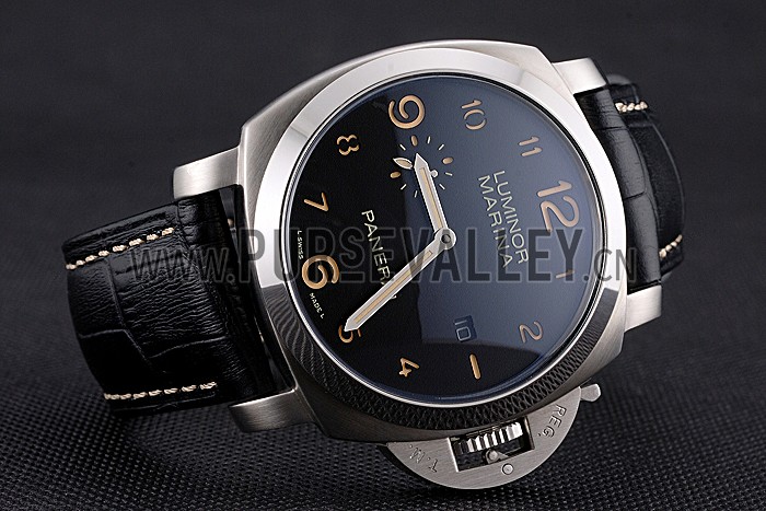 Panerai Luminor Marina 1950 Black Dial Brushed Steel Case Black Embossed Leather Strap