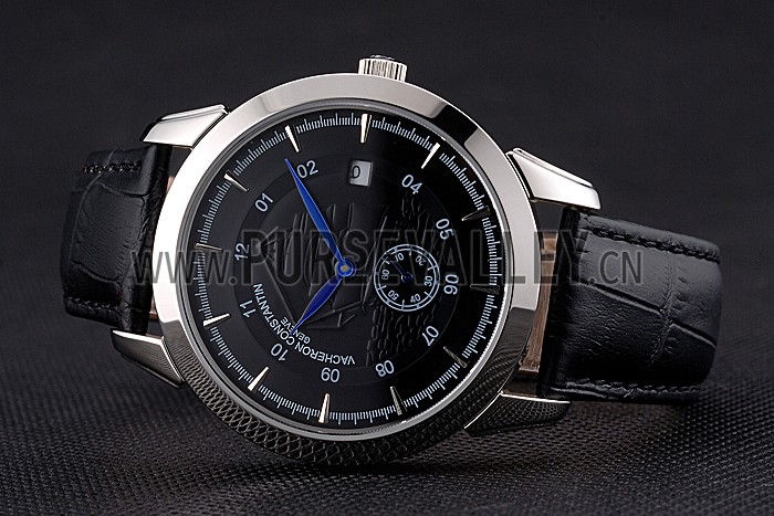 Vacheron Constantin Traditionnelle Black Ship Dial Stainless Steel Case Black Leather Strap