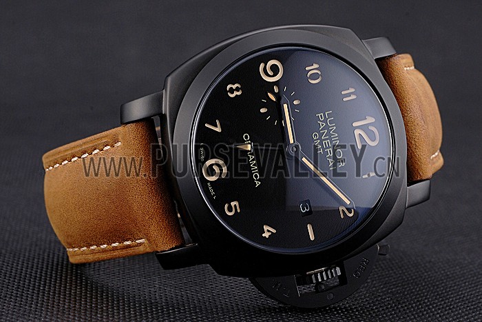 Panerai Luminor 1950 GMT Ceramica Black Dial Matte Black Case Brown Suede Leather Strap