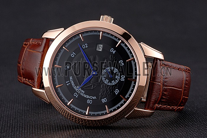 Vacheron Constantin Traditionnelle Black Ship Dial Rose Gold Case Brown Leather Strap