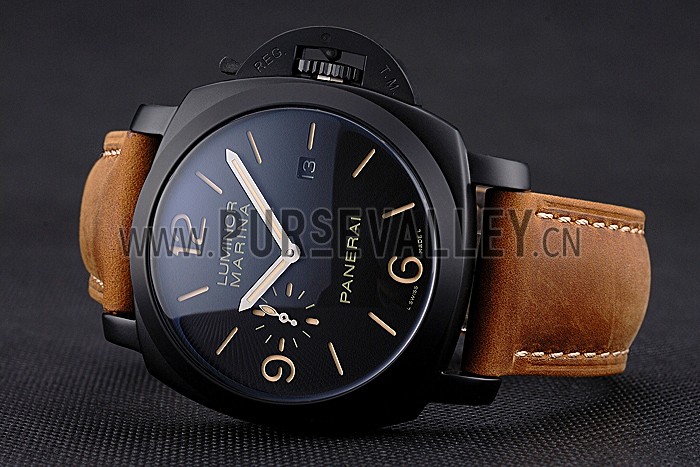 Panerai Luminor Marina Black Dial Matte Black Steel Case Brown Suede Leather Strap