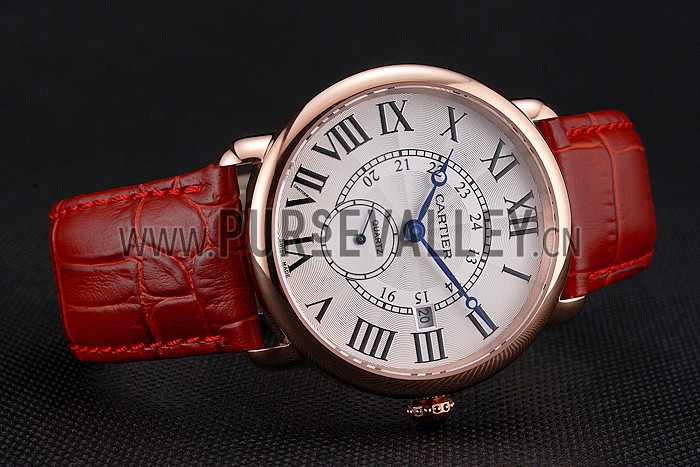 Cartier Ronde Louis Cartier White Dial Gold Case Red Leather Strap