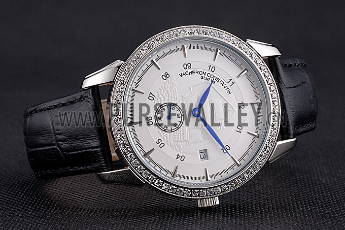 Vacheron Constantin Traditionnelle White Ship Dial Stainless Steel Case With Diamonds Black Leather Strap