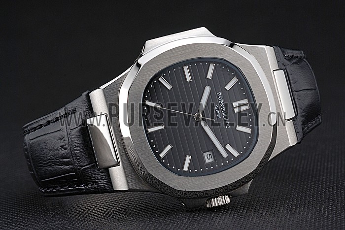 Patek Philippe Nautilus Black Dial Brushed Stainless Steel Case Black Leather Strap