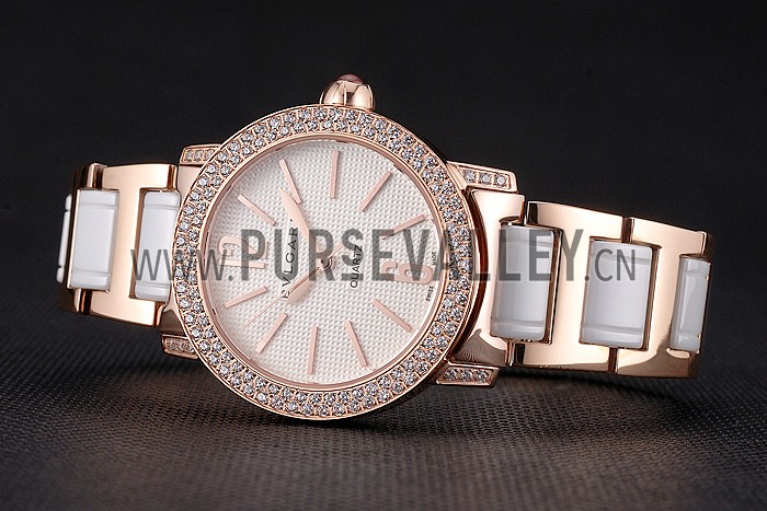 Bvlgari Bvlgari White Embossed Dial Gold Case Diamond Bezel Two Tone Bracelet