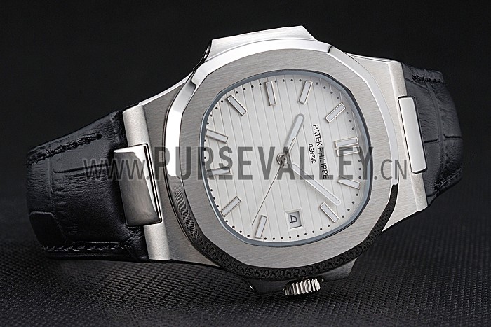 Patek Philippe Nautilus White Dial Brushed Stainless Steel Case Black Leather Strap