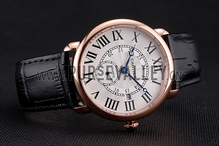 Cartier Ronde Louis Cartier White Dial Gold Case Black Leather Strap