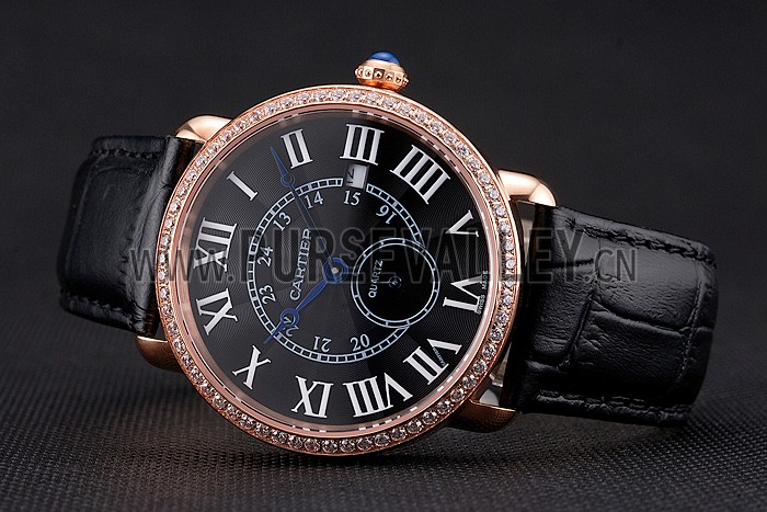 Cartier Ronde Louis Cartier Black Dial Gold Case Diamond Bezel Black Leather Strap