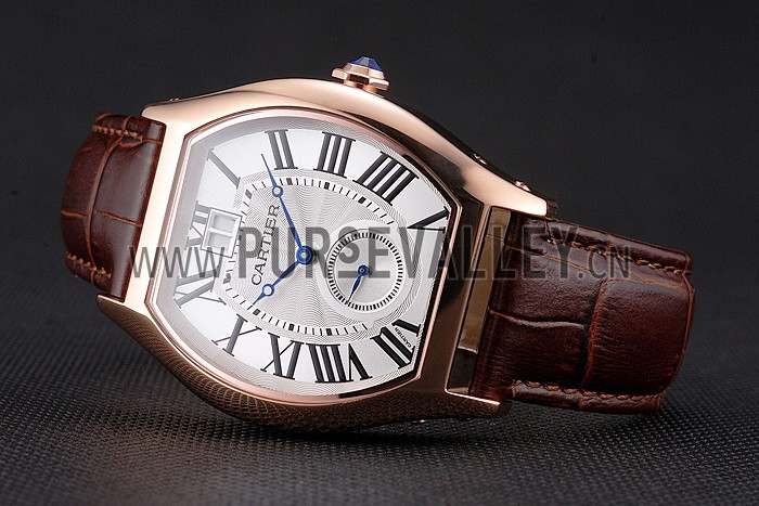 Cartier Tortue Large Date White Dial Gold Case Brown Leather Strap