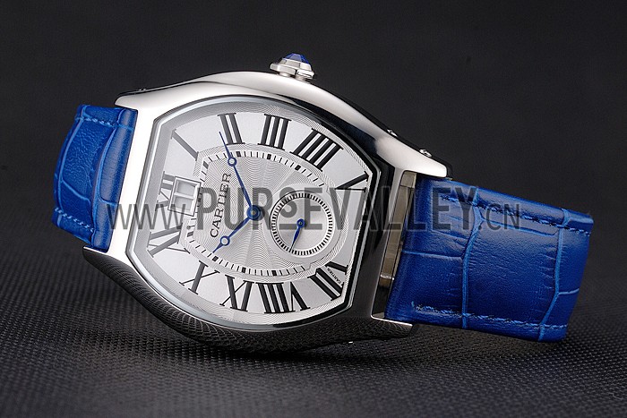 Cartier Tortue Large Date White Dial Stainless Steel Case Blue Leather Strap