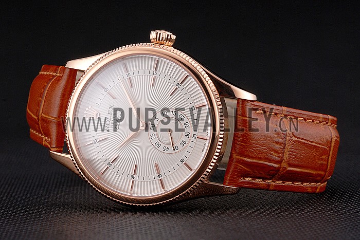 Swiss Rolex Cellini White Dial Rose Gold Case Light Brown Leather Strap