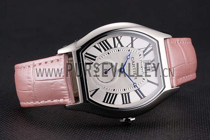 Cartier Tortue Large Date White Dial Stainless Steel Case Pink Leather Strap