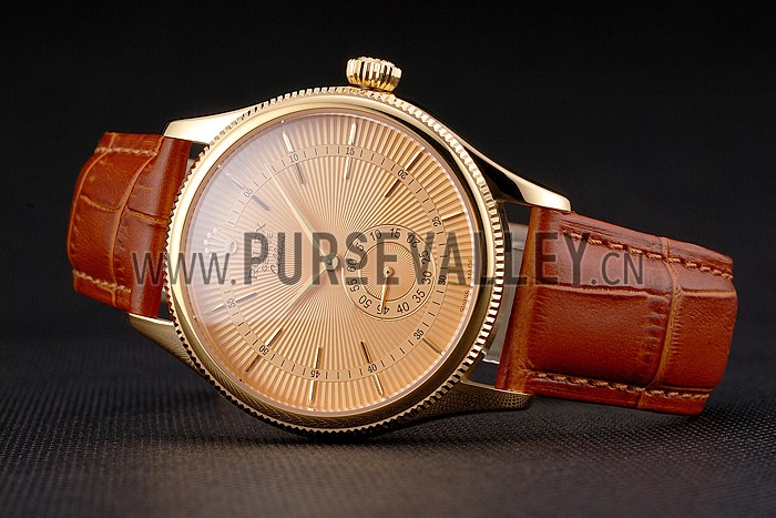 Swiss Rolex Cellini Gold Dial Gold Case Light Brown Leather Strap