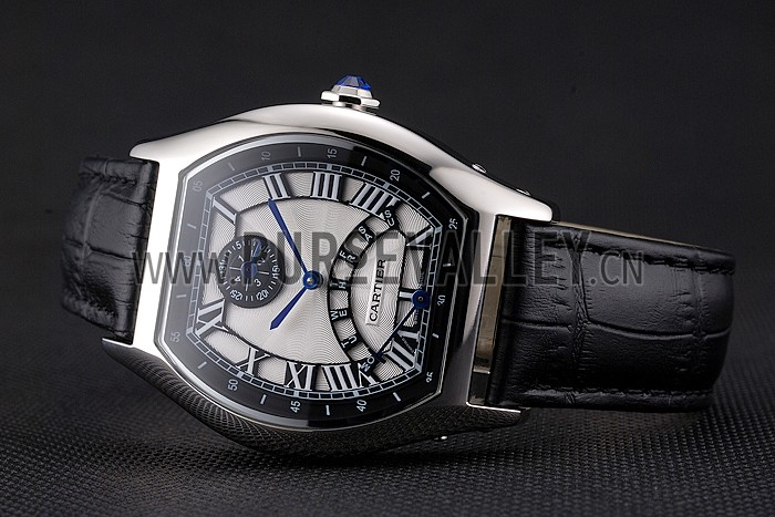 Cartier Tortue Perpetual Calendar White Dial Stainless Steel Case Black Leather Strap