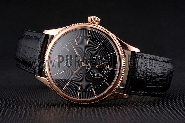 Swiss Rolex Cellini Black Dial Rose Gold Case Black Leather Strap
